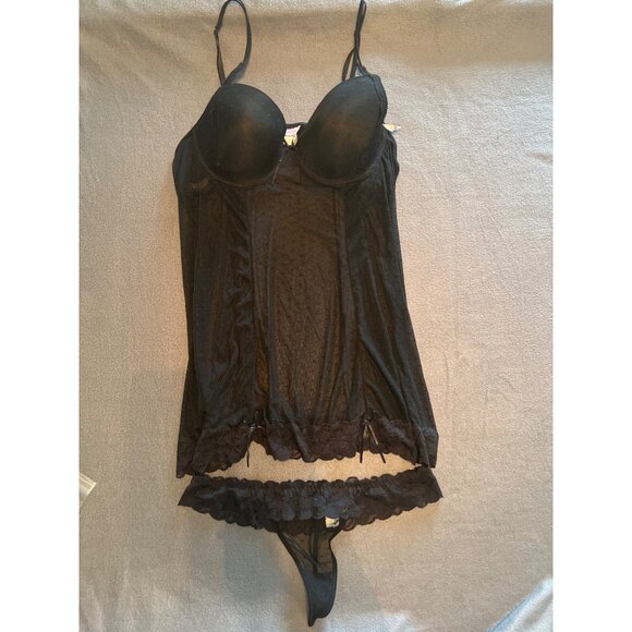 Bed of Roses Black 3X Lingerie Set Sheer Polka Dot Babydoll & Thong, Curvy, Lace - Picture 1 of 16